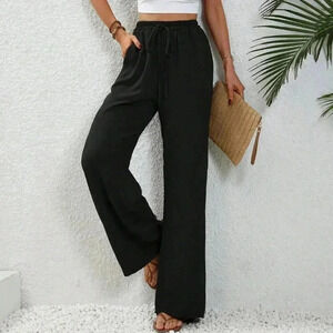 Black Casual Women's Drawstring Waist Wide Leg Pants